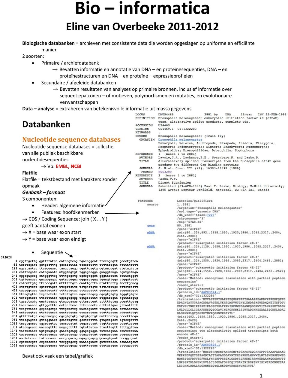 primaire bronnen, inclusief informatie over sequentiepatronen of motieven, polymorfismen en mutaties, en evolutionaire verwantschappen Data analyse = extraheren van betekenisvolle informatie uit