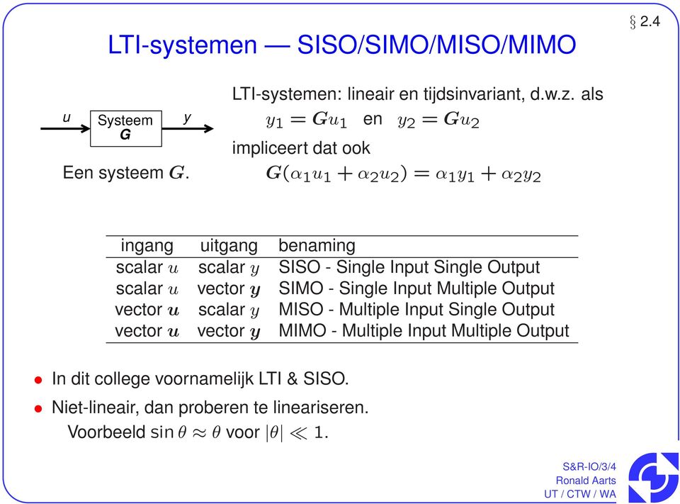 Input Single Output scalar u vector y SIMO - Single Input Multiple Output vector u scalar y MISO - Multiple Input Single Output vector u