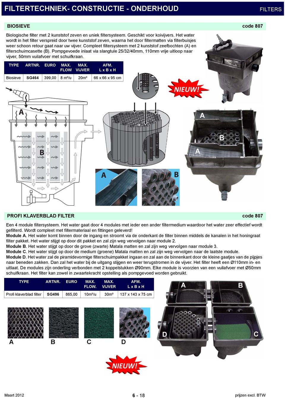 Compleet filtersysteem met 2 kunststof zeefbochten (A) en filterschuimcasette (B). Pompgevoede inlaat via slangtule 25/32/40mm, 110mm vrije uitloop naar vijver, 50mm vuilafvoer met schuifkraan. MAX.