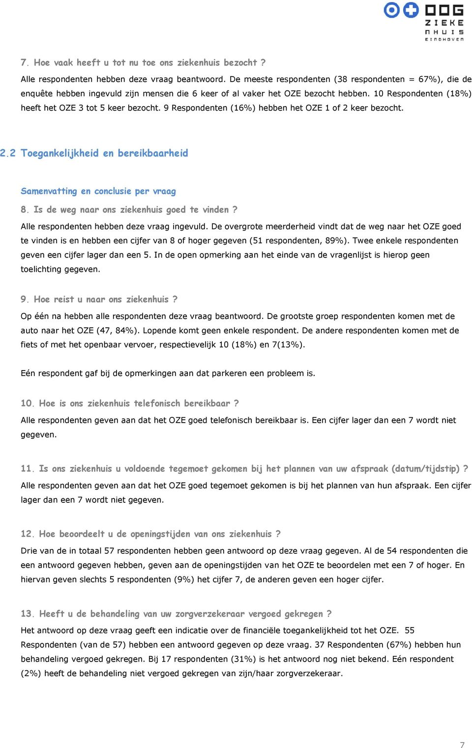 9 Respondenten (16%) hebben het OZE 1 of 2 keer bezocht. 2.2 Toegankelijkheid en bereikbaarheid Samenvatting en conclusie per vraag 8. Is de weg naar ons ziekenhuis goed te vinden?