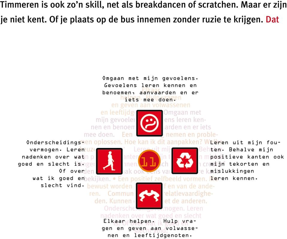 vragen en geven aan volwassenen en leeftijdgenoten. Omgaan met mijn gevoelens. Gevoelens leren kennen en benoemen, aanvaarden en er iets mee doen. Een beslissing nemen en problemen oplossen.