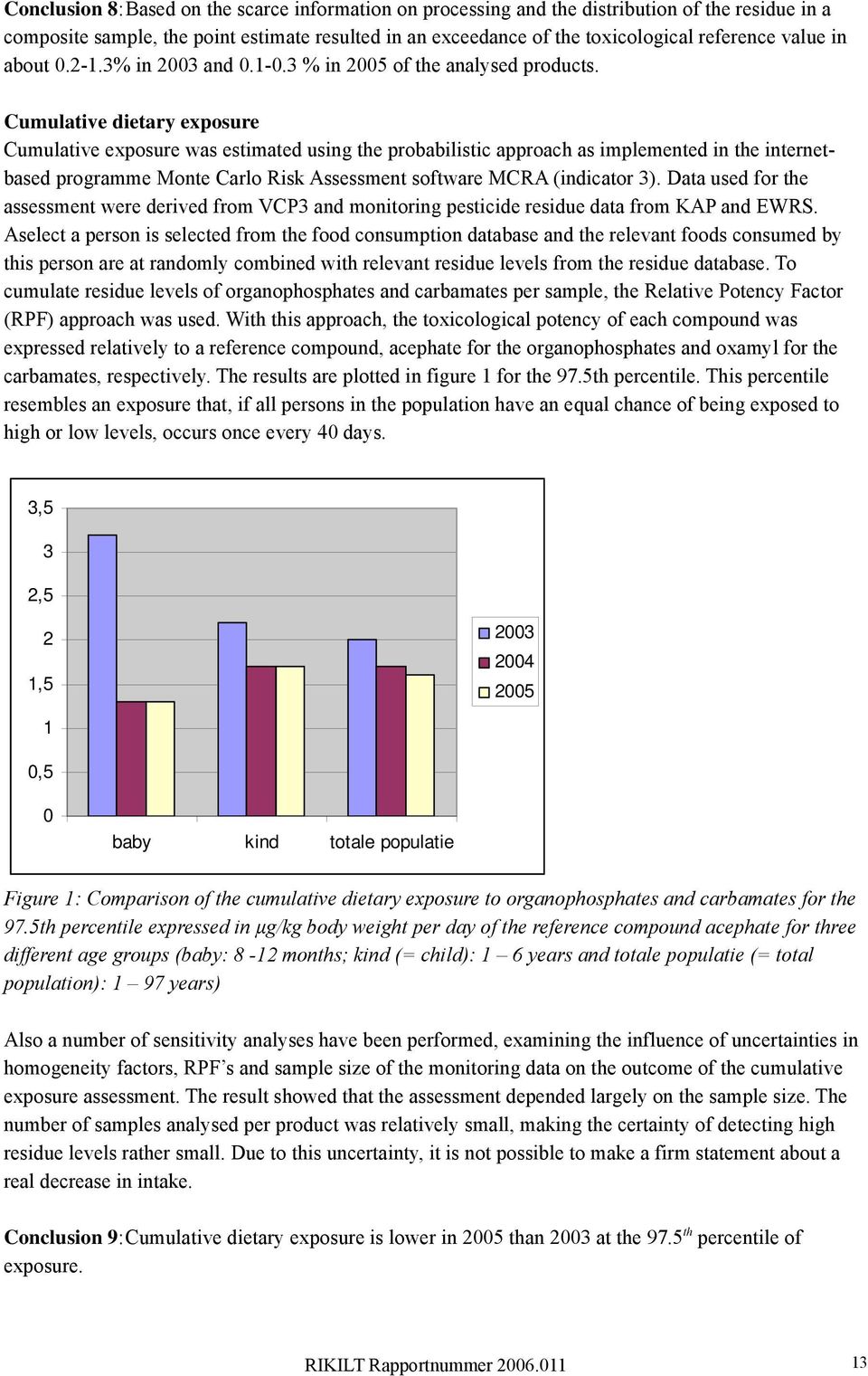 Cumulative dietary exposure Cumulative exposure was estimated using the probabilistic approach as implemented in the internetbased programme Monte Carlo Risk Assessment software MCRA (indicator 3).