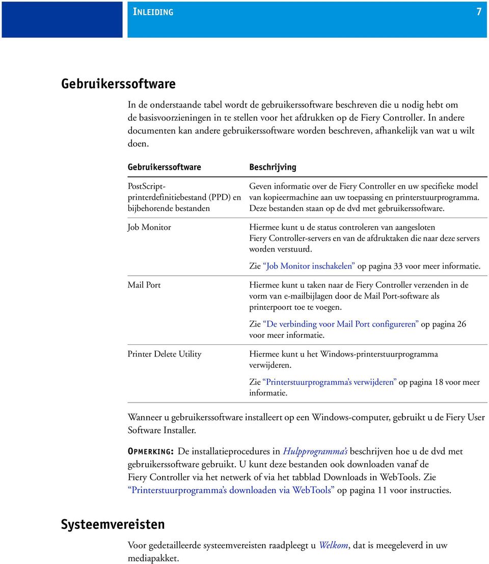 Gebruikerssoftware Beschrijving PostScriptprinterdefinitiebestand (PPD) en bijbehorende bestanden Geven informatie over de Fiery Controller en uw specifieke model van kopieermachine aan uw toepassing