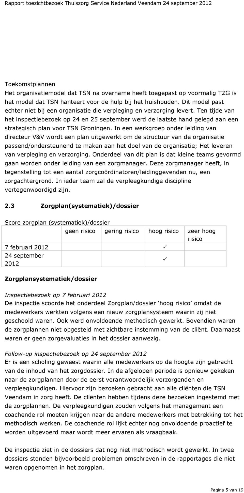 Ten tijde van het inspectiebezoek op 24 en 25 september werd de laatste hand gelegd aan een strategisch plan voor TSN Groningen.