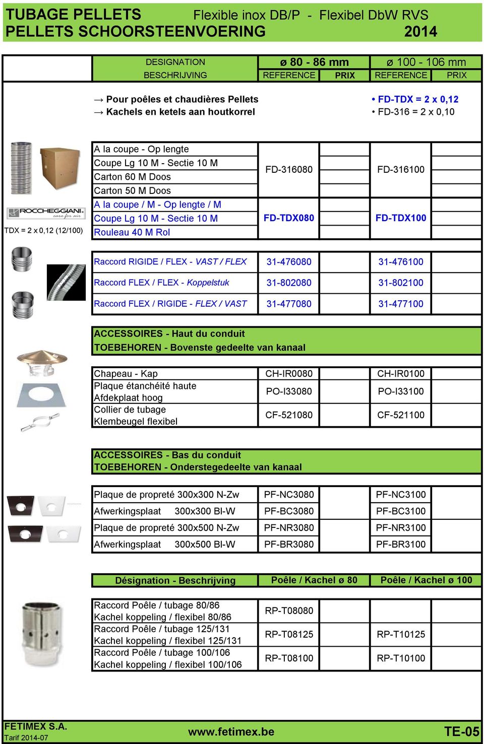lengte / M Coupe Lg 10 M - Sectie 10 M Rouleau 40 M Rol FD-316080 FD-TDX080 FD-316100 FD-TDX100 Raccord RIGIDE / FLEX - VAST / FLEX 31-476080 31-476100 Raccord FLEX / FLEX - Koppelstuk Raccord FLEX /