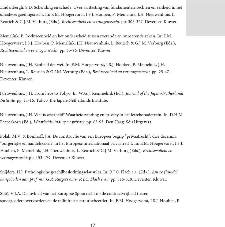 S.J. Houben, P. Memelink, J.H. Nieuwenhuis, L. Reurich & G.J.M. Verburg (Eds.), Rechtseenheid en vermogensrecht. pp. 65-96. Deventer: Kluwer. Nieuwenhuis, J.H. Eenheid der wet. In: E.M. Hoogervorst, I.