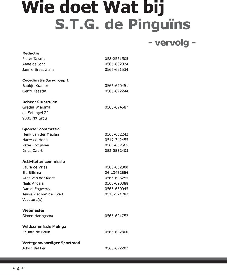 Beheer Clubtruien Gretha Wiersma 0566-624687 de Setangel 22 9001 NX Grou Sponsor commissie Henk van der Meulen 0566-652242 Harry de Hoop 0517-342455 Peter Cozijnsen 0566-652565 Dries Zwart