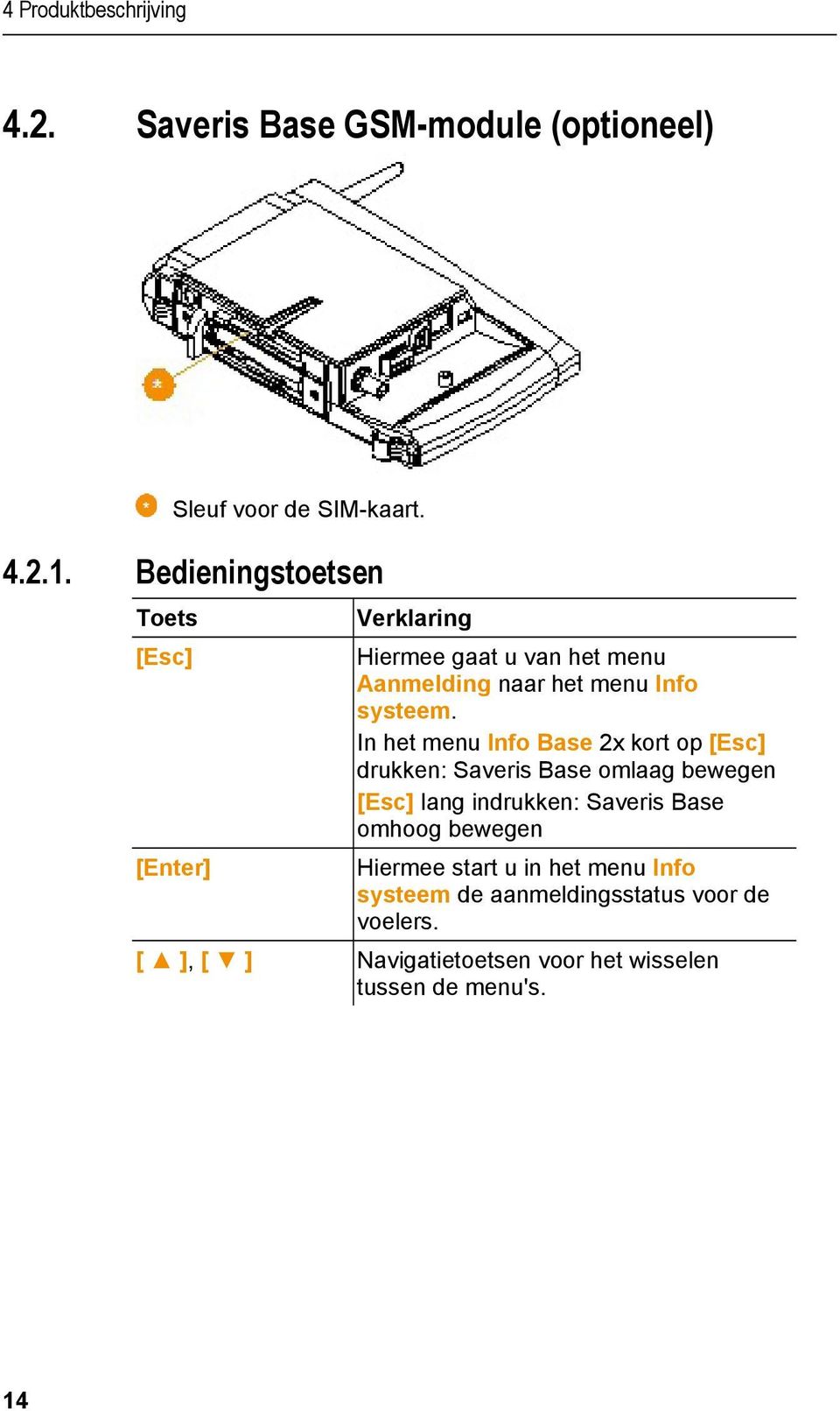 In het menu Info Base 2x kort op [Esc] drukken: Saveris Base omlaag bewegen [Esc] lang indrukken: Saveris Base omhoog