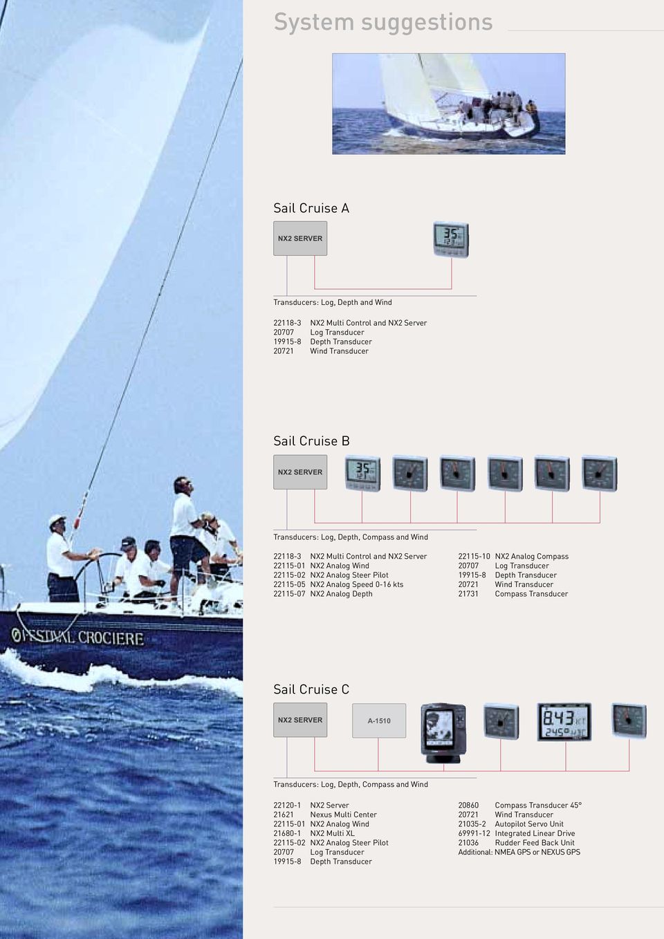 Analog Depth 22115-10 NX2 Analog Compass 20707 Log Transducer 19915-8 Depth Transducer 20721 Wind Transducer 21731 Compass Transducer Sail Cruise C NX2 SERVER A-1510 Transducers: Log, Depth, Compass