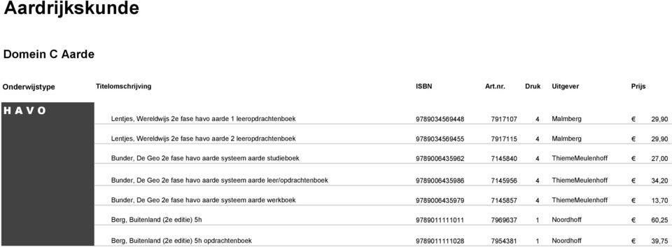 2e fase havo aarde systeem aarde leer/opdrachtenboek 9789006435986 7145956 4 ThiemeMeulenhoff 34,20 Bunder, De Geo 2e fase havo aarde systeem aarde werkboek 9789006435979 7145857