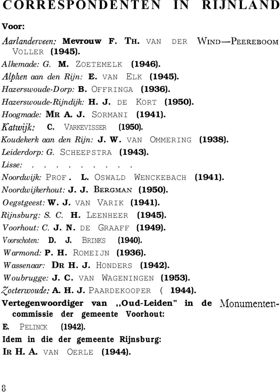 SCHEEPSTRA (1943). Lisse:......... Noordwijk: PROF. L. OSWALD WENCKEBACH (1941). Noordwijkerhout: J. J. BERGMAN (1950). Oegstgeest: W. J. VAN VARIK (1941). Rijnsburg: S. C. H. LEENHEER (1945).