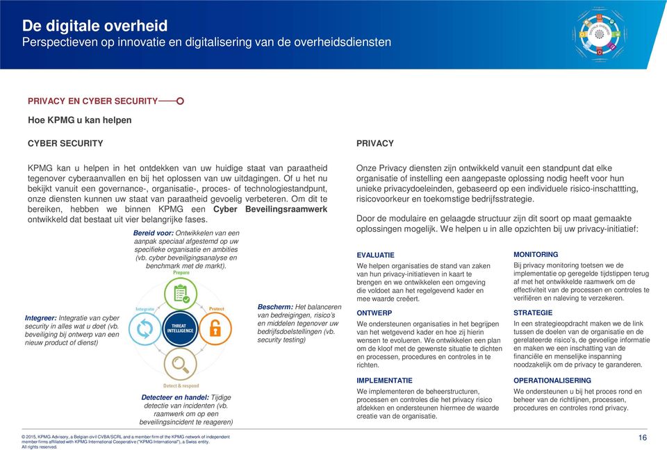 Om dit te bereiken, hebben we binnen KPMG een Cyber Beveilingsraamwerk ontwikkeld dat bestaat uit vier belangrijke fases. Integreer: Integratie van cyber security in alles wat u doet (vb.