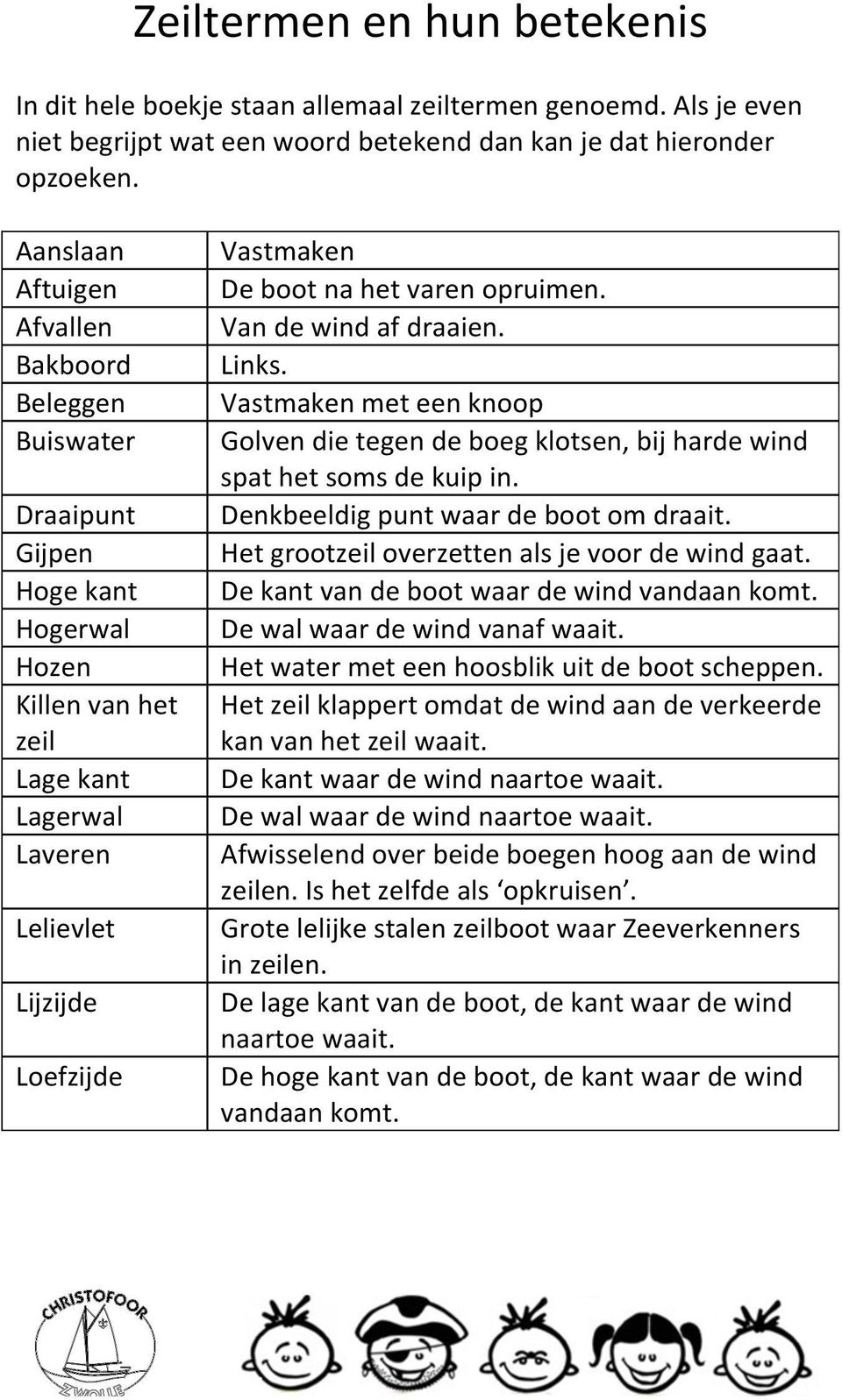 varen opruimen. Van de wind af draaien. Links. Vastmaken met een knoop Golven die tegen de boeg klotsen, bij harde wind spat het soms de kuip in. Denkbeeldig punt waar de boot om draait.