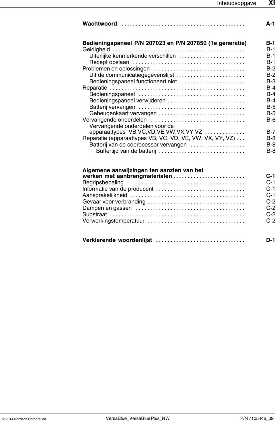 .. B 4 Batterij vervangen... B 5 Geheugenkaart vervangen... B 5 Vervangende onderdelen... B 6 Vervangende onderdelen voor de apparaattypes VB,VC,VD,VE,VW,VX,VY,VZ.