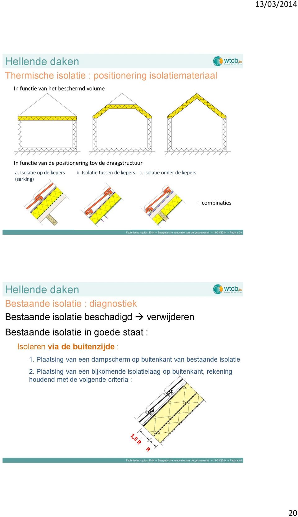 Isolatie onder de kepers + combinaties Technische cyclus 2014 Energetische renovatie van de gebouwschil 11/03/2014 Pagina 39 Hellende daken Bestaande isolatie : diagnostiek Bestaande isolatie