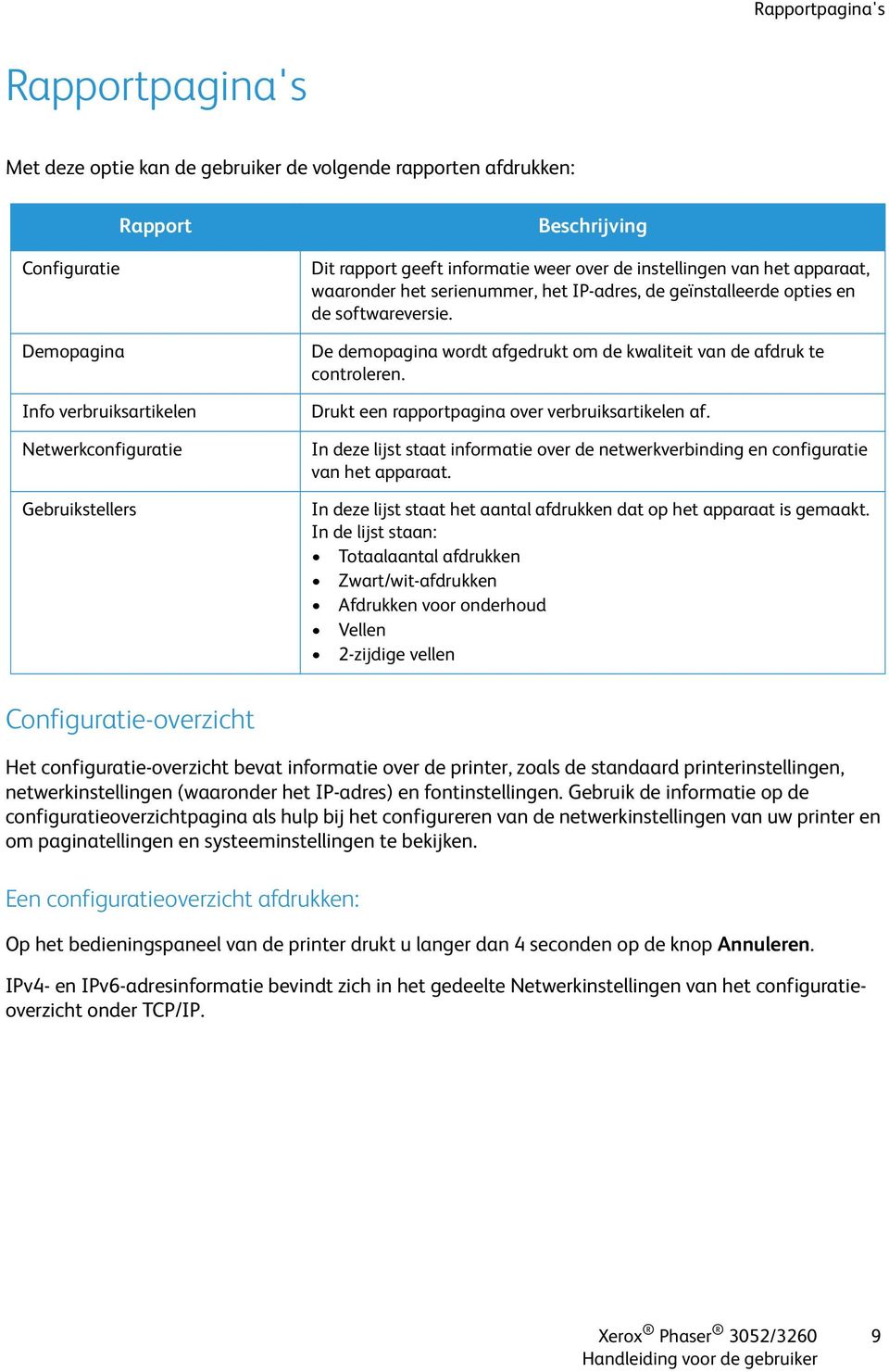 De demopagina wordt afgedrukt om de kwaliteit van de afdruk te controleren. Drukt een rapportpagina over verbruiksartikelen af.