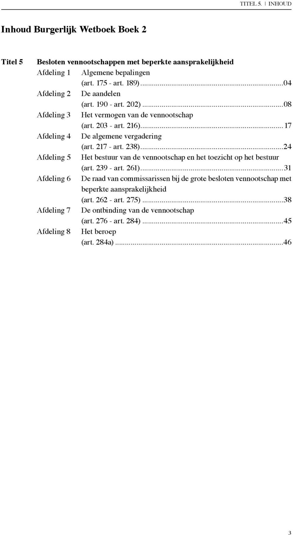 217 - art. 238)...24 Afdeling 5 Het bestuur van de vennootschap en het toezicht op het bestuur (art. 239 - art. 261).