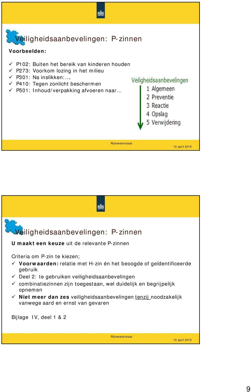 P-zin te kiezen; ü Voorwaarden: relatie met H-zin én het beoogde of geïdentificeerde gebruik ü Deel 2: te gebruiken veiligheidsaanbevelingen ü combinatiezinnen zijn