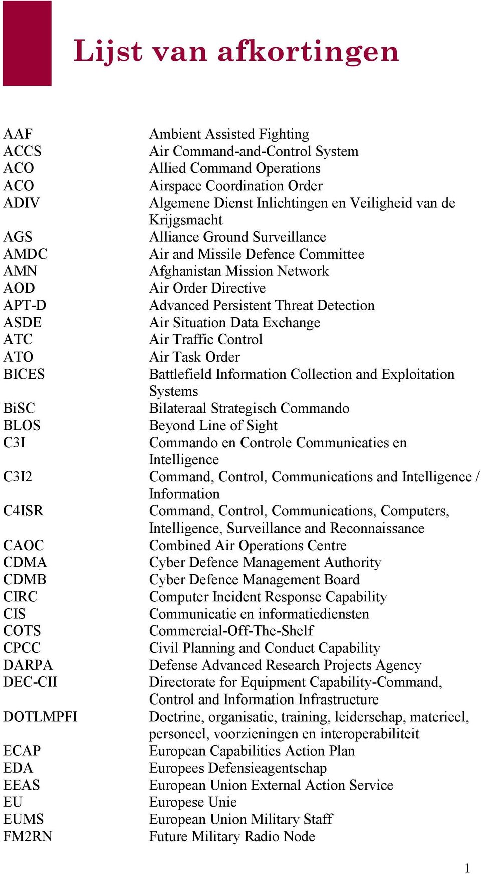 Situation Data Exchange ATC Air Traffic Control ATO Air Task Order BICES Battlefield Information Collection and Exploitation Systems BiSC Bilateraal Strategisch Commando BLOS Beyond Line of Sight C3I