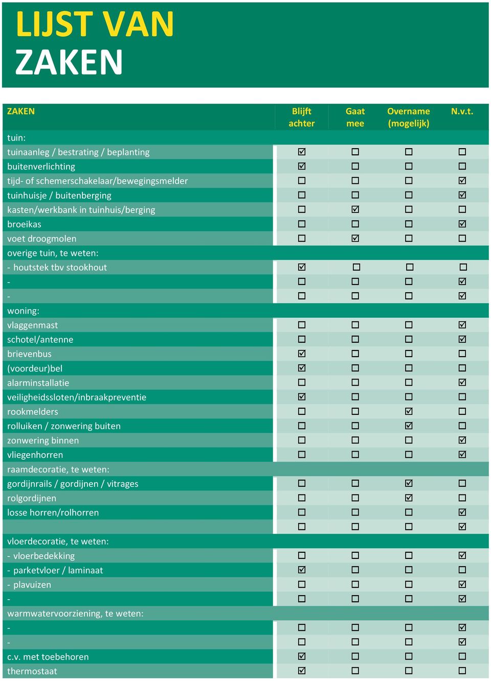 alarminstallatie veiligheidssloten/inbraakpreventie rookmelders rolluiken / zonwering buiten zonwering binnen vliegenhorren raamdecoratie, te weten: gordijnrails / gordijnen / vitrages