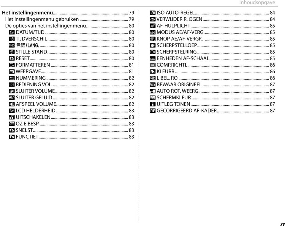 .. 83 G OZ E.BESP... 83 H SNELST... 83 F FUNCTIET... 83 N ISO AUTO-REGEL.... 84 B VERWIJDER R. OGEN... 84 C AF-HULPLICHT... 85 k MODUS AE/AF-VERG.... 85 v KNOP AE/AF-VERGR.... 85 j SCHERPSTELLOEP.