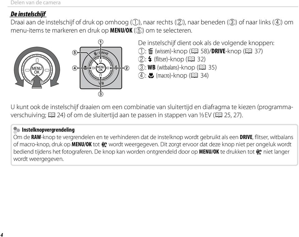 De instelschijf dient ook als de volgende knoppen: q: b (wissen)-knop (P 58)/DRIVE-knop (P 37) w: N (flitser)-knop (P 32) e: WB (witbalans)-knop (P 35) r: F (macro)-knop (P 34) U kunt ook de