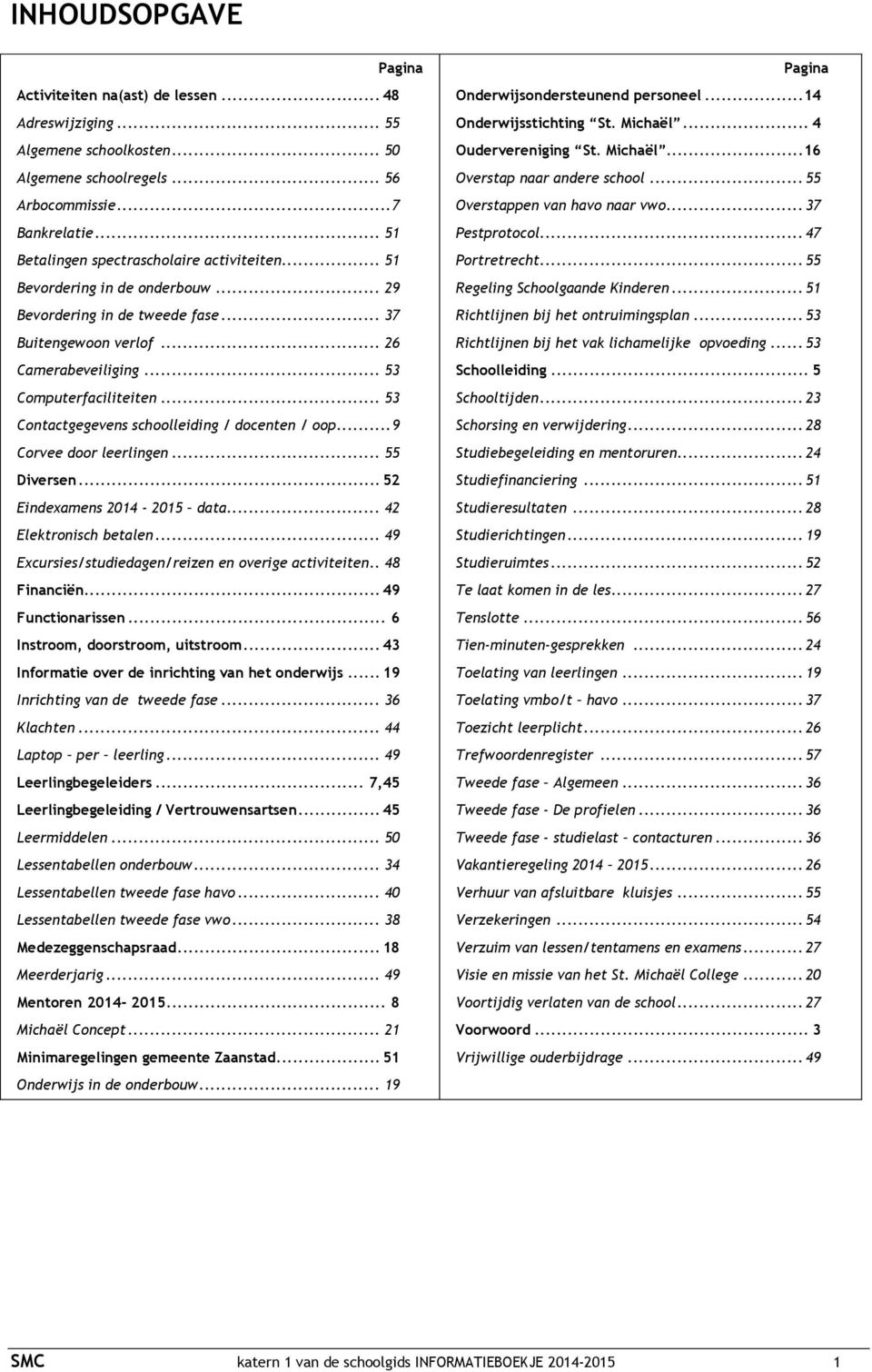 .. 53 Contactgegevens schoolleiding / docenten / oop... 9 Corvee door leerlingen... 55 Diversen... 52 Eindexamens 2014-2015 data... 42 Elektronisch betalen.