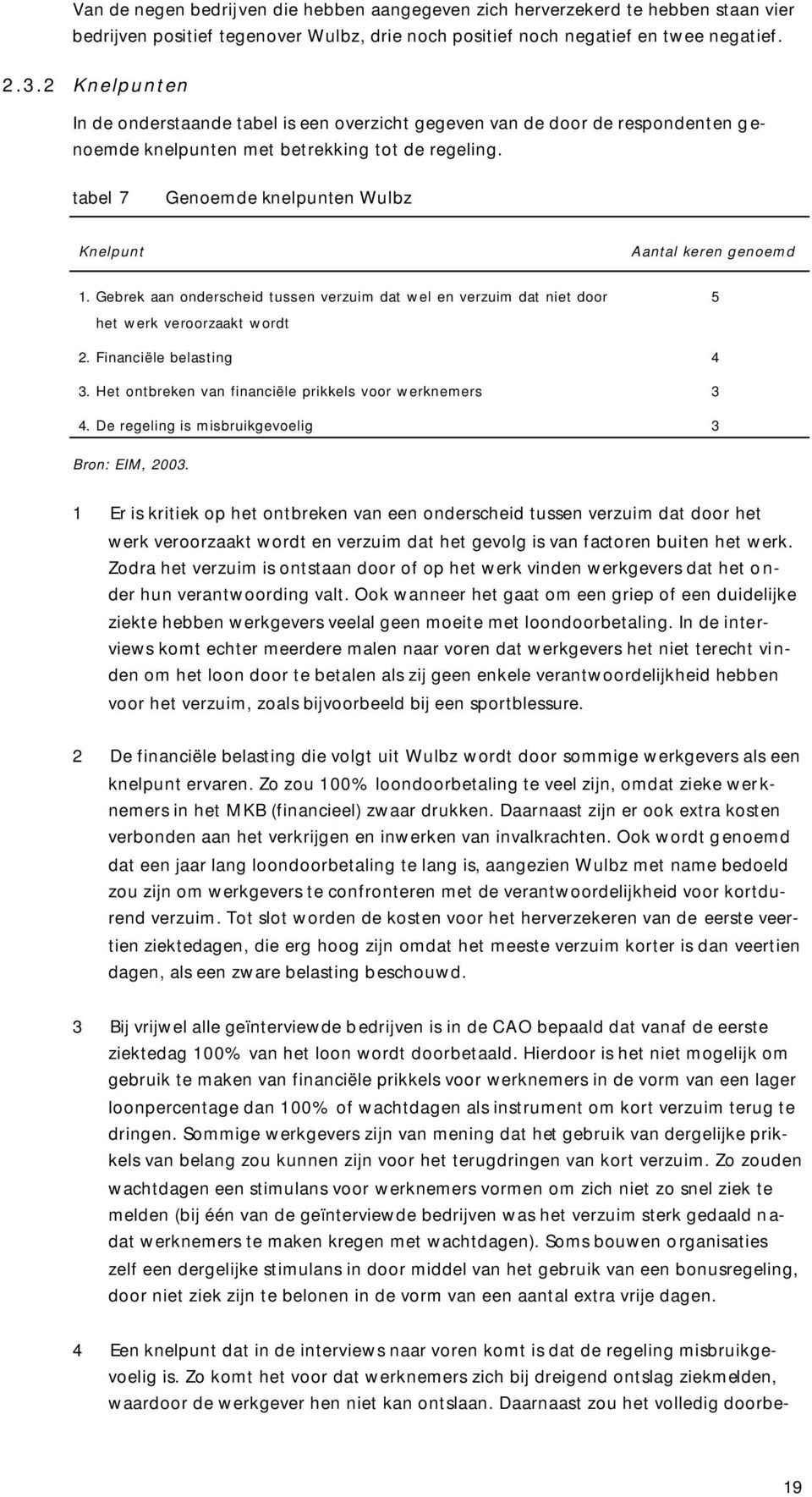 tabel 7 Genoemde knelpunten Wulbz Knelpunt Aantal keren genoemd 1. Gebrek aan onderscheid tussen verzuim dat wel en verzuim dat niet door het werk veroorzaakt wordt 5 2. Financiële belasting 4 3.