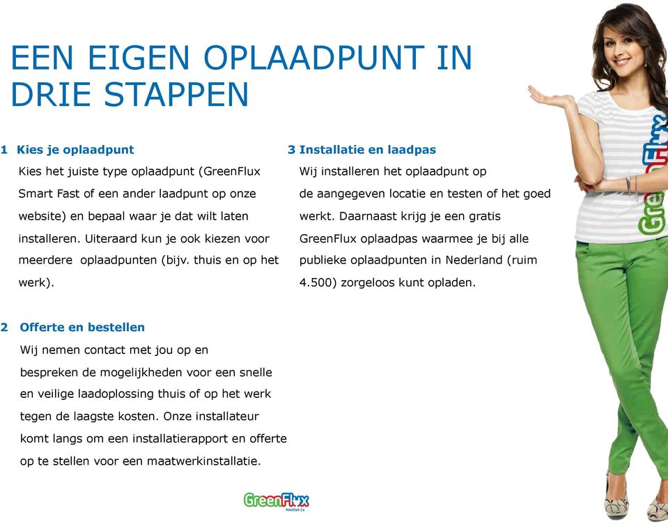 Daarnaast krijg je een gratis GreenFlux oplaadpas waarmee je bij alle publieke oplaadpunten in Nederland (ruim 4.500) zorgeloos kunt opladen.