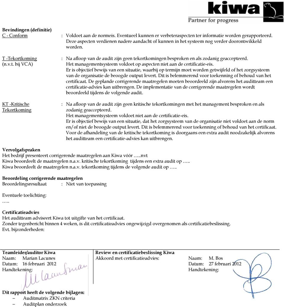 Het managementsysteem voldoet op aspecten niet aan de certificatie-eis.