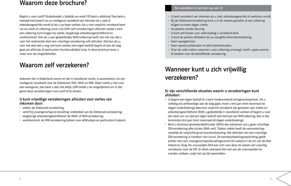 Als u niet verplicht verzekerd bent via uw werk of uitkering, kunt u bij UWV zelf verzekeringen afsluiten zodat u toch een uitkering kunt krijgen bij ziekte, langdurige arbeidsongeschiktheid en