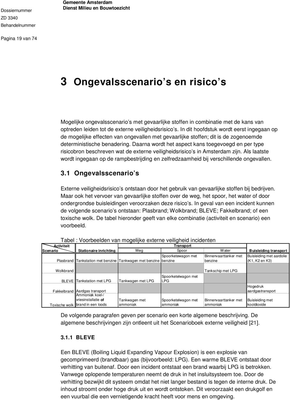 Daarna wordt het aspect kans toegevoegd en per type risicobron beschreven wat de externe veiligheidsrisico s in Amsterdam zijn.