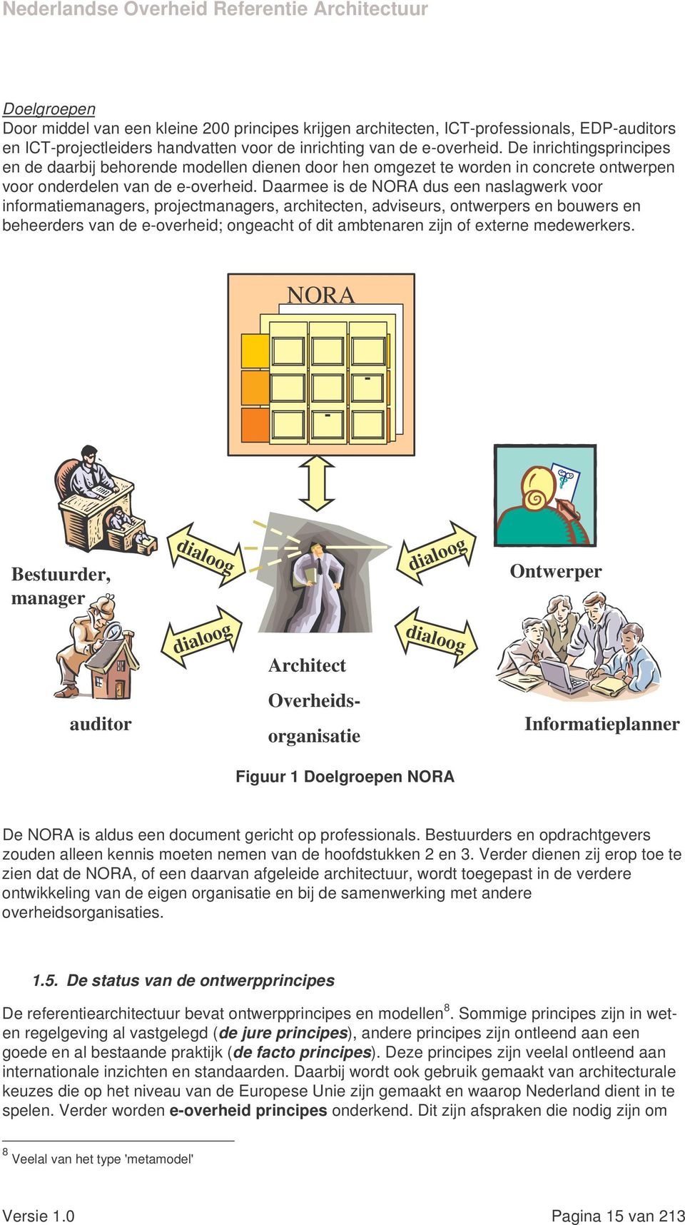 Daarmee is de NORA dus een naslagwerk voor informatiemanagers, projectmanagers, architecten, adviseurs, ontwerpers en bouwers en beheerders van de e-overheid; ongeacht of dit ambtenaren zijn of