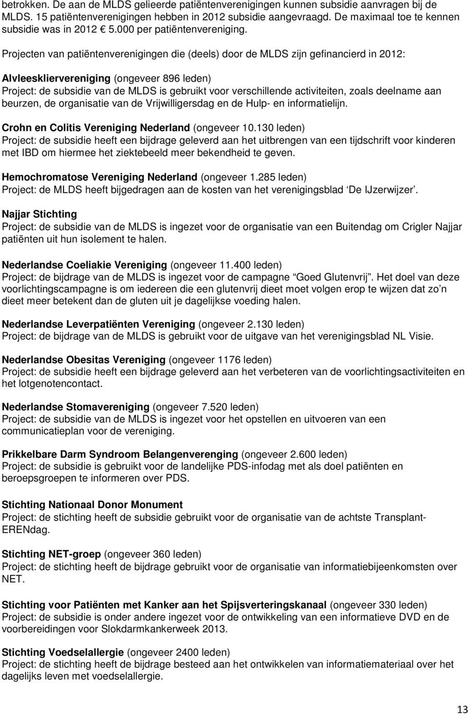 Projecten van patiëntenverenigingen die (deels) door de MLDS zijn gefinancierd in 2012: Alvleeskliervereniging (ongeveer 896 leden) Project: de subsidie van de MLDS is gebruikt voor verschillende