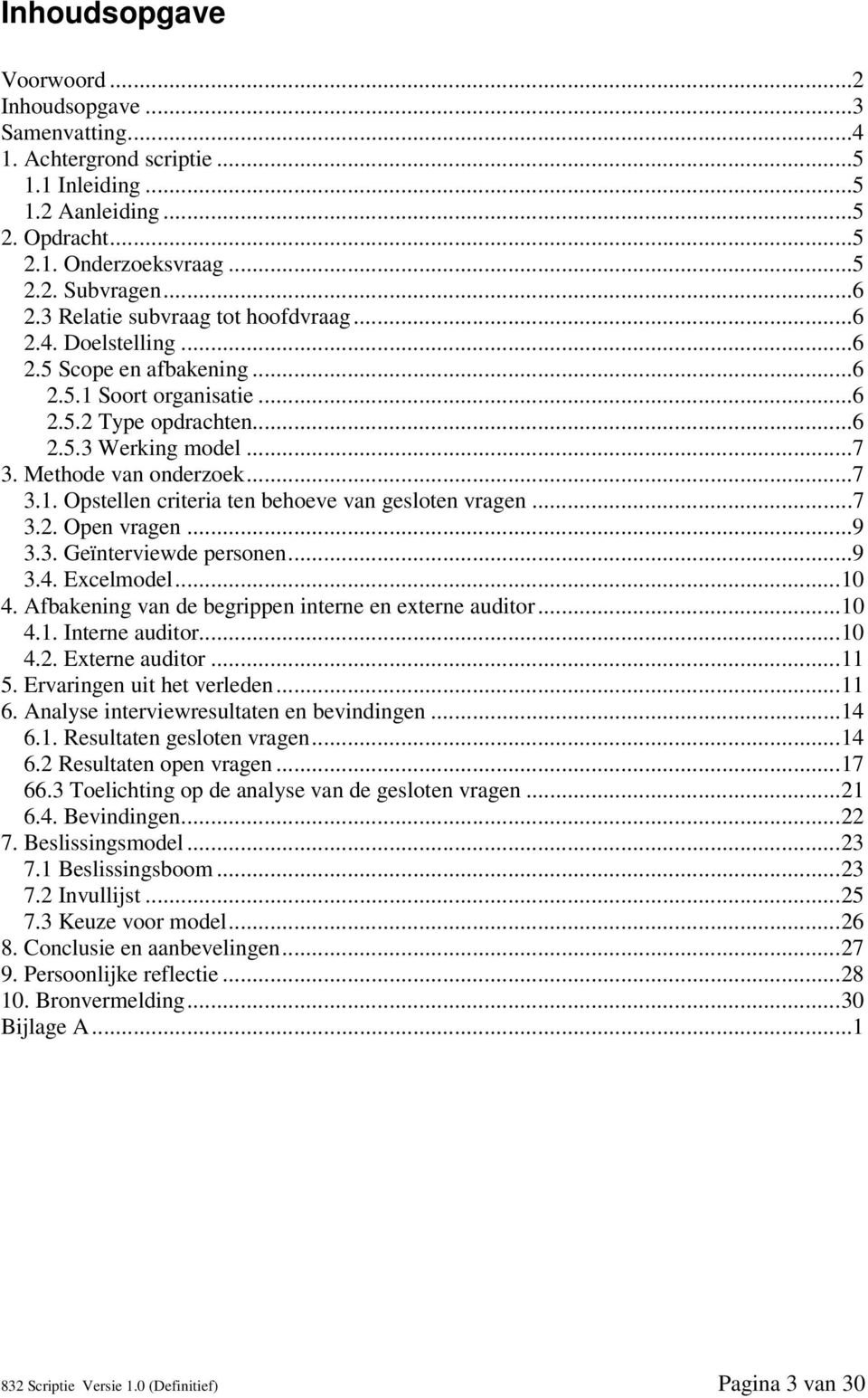 ..7 3.2. Open vragen...9 3.3. Geïnterviewde personen...9 3.4. Excelmodel... 10 4. Afbakening van de begrippen interne en externe auditor... 10 4.1. Interne auditor... 10 4.2. Externe auditor... 11 5.