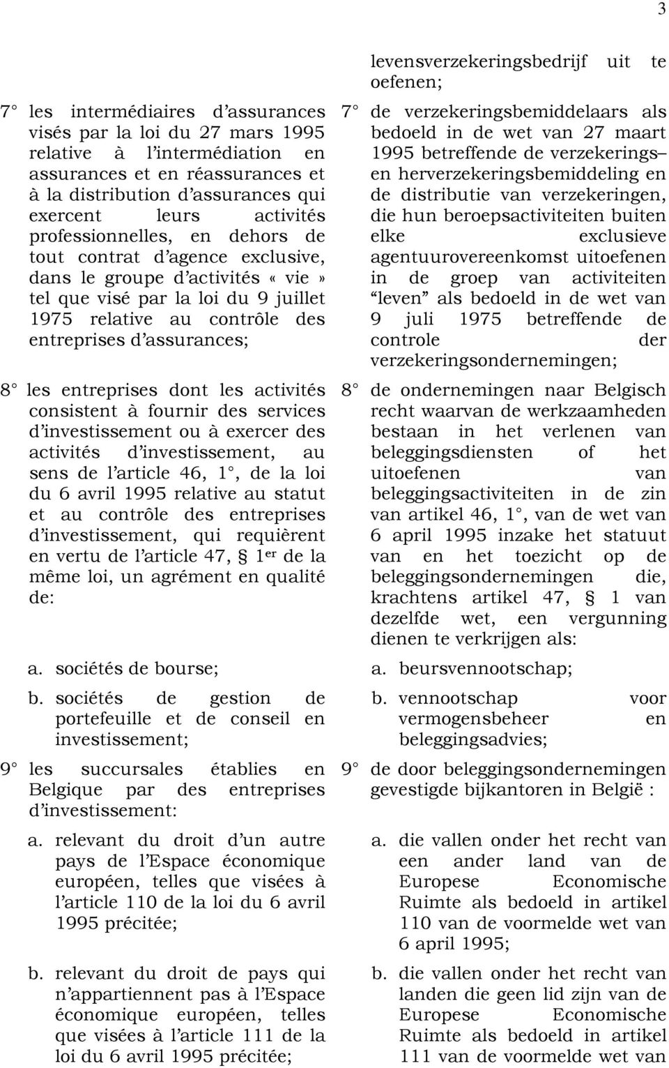 entreprises dont les activités consistent à fournir des services d investissement ou à exercer des activités d investissement, au sens de l article 46, 1, de la loi du 6 avril 1995 relative au statut