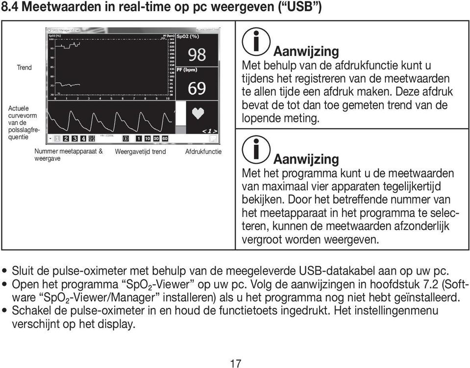 Nummer meetapparaat & weergave Weergavetijd trend Afdrukfunctie aanwijzing Met het programma kunt u de meetwaarden van maximaal vier apparaten tegelijkertijd bekijken.