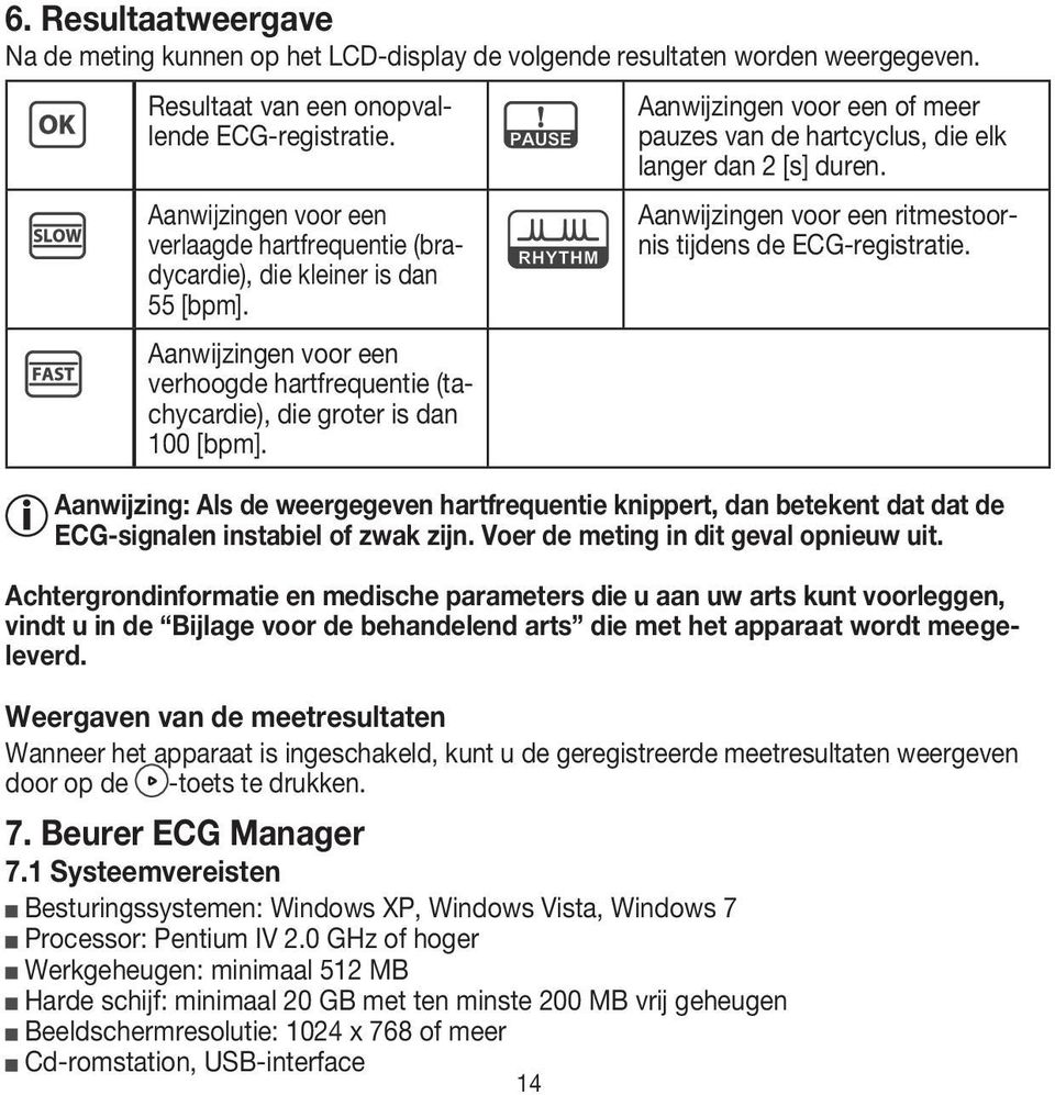 Aanwijzingen voor een of meer pauzes van de hartcyclus, die elk langer dan 2 [s] duren. Aanwijzingen voor een ritmestoornis tijdens de ECG-registratie.