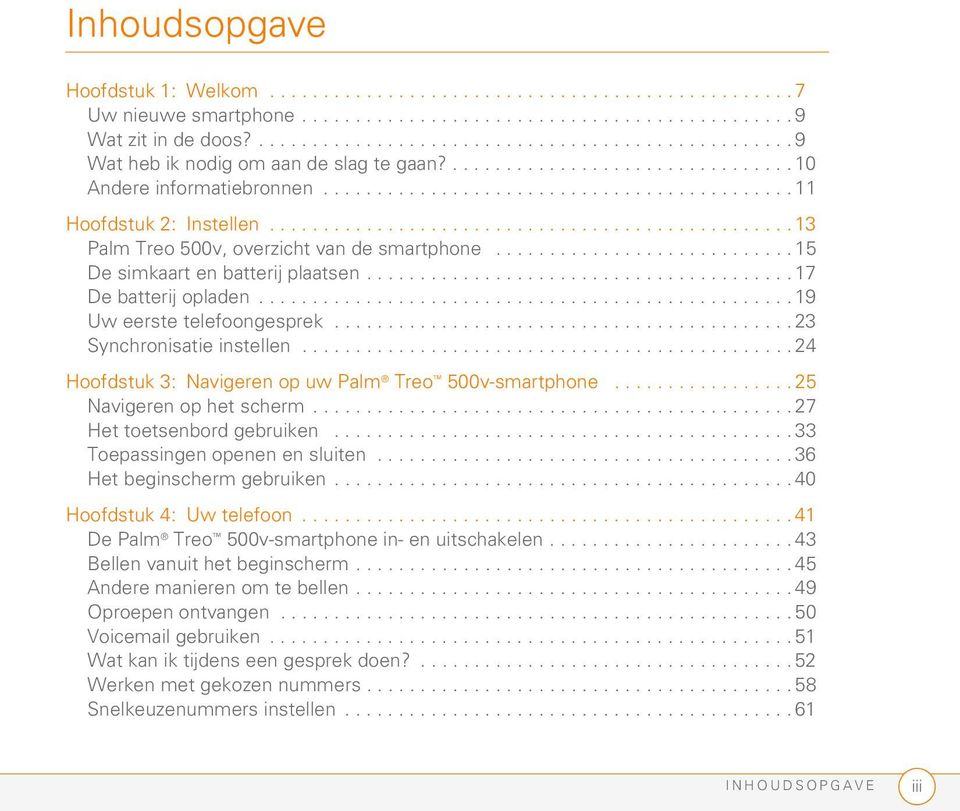 ................................................ 13 Palm Treo 500v, overzicht van de smartphone............................ 15 De simkaart en batterij plaatsen........................................ 17 De batterij opladen.