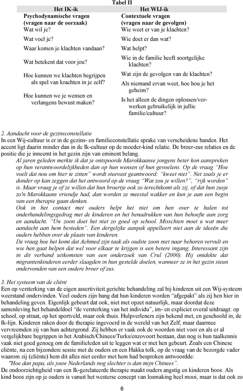 Tabel II Het WIJ-ik Contextuele vragen (vragen naar de gevolgen) Wie weet er van je klachten? Wie doet er dan wat? Wat helpt? Wie in de familie heeft soortgelijke klachten?