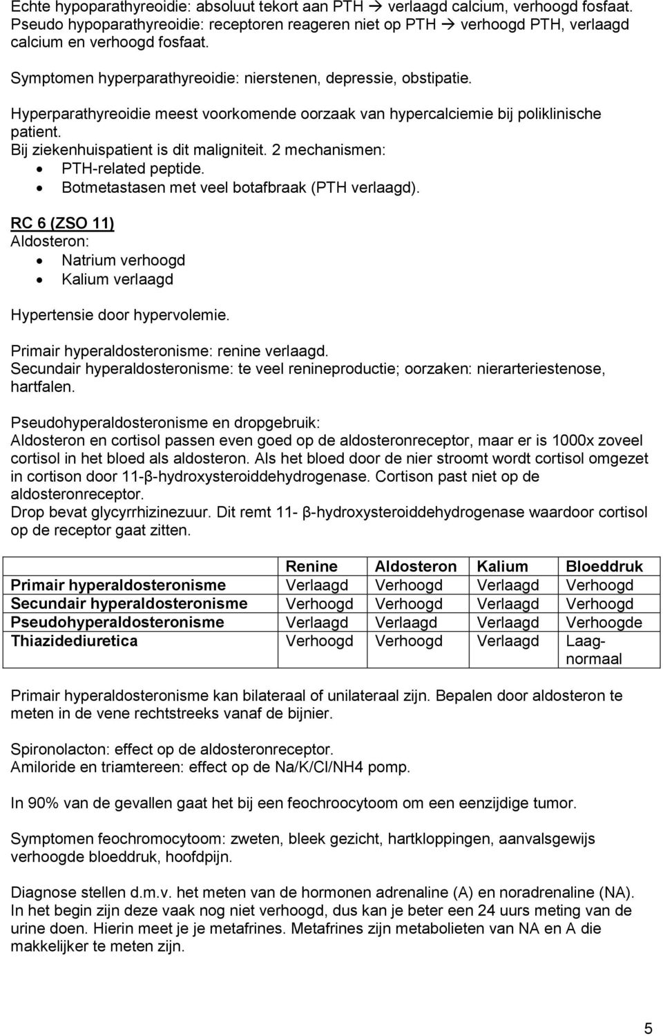 2 mechanismen: PTH-related peptide. Botmetastasen met veel botafbraak (PTH verlaagd). RC 6 (ZSO 11) Aldosteron: Natrium verhoogd Kalium verlaagd Hypertensie door hypervolemie.