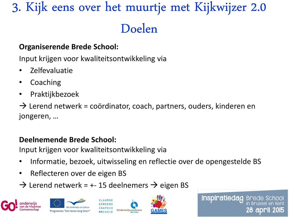 Praktijkbezoek Lerend netwerk = coördinator, coach, partners, ouders, kinderen en jongeren, Deelnemende Brede