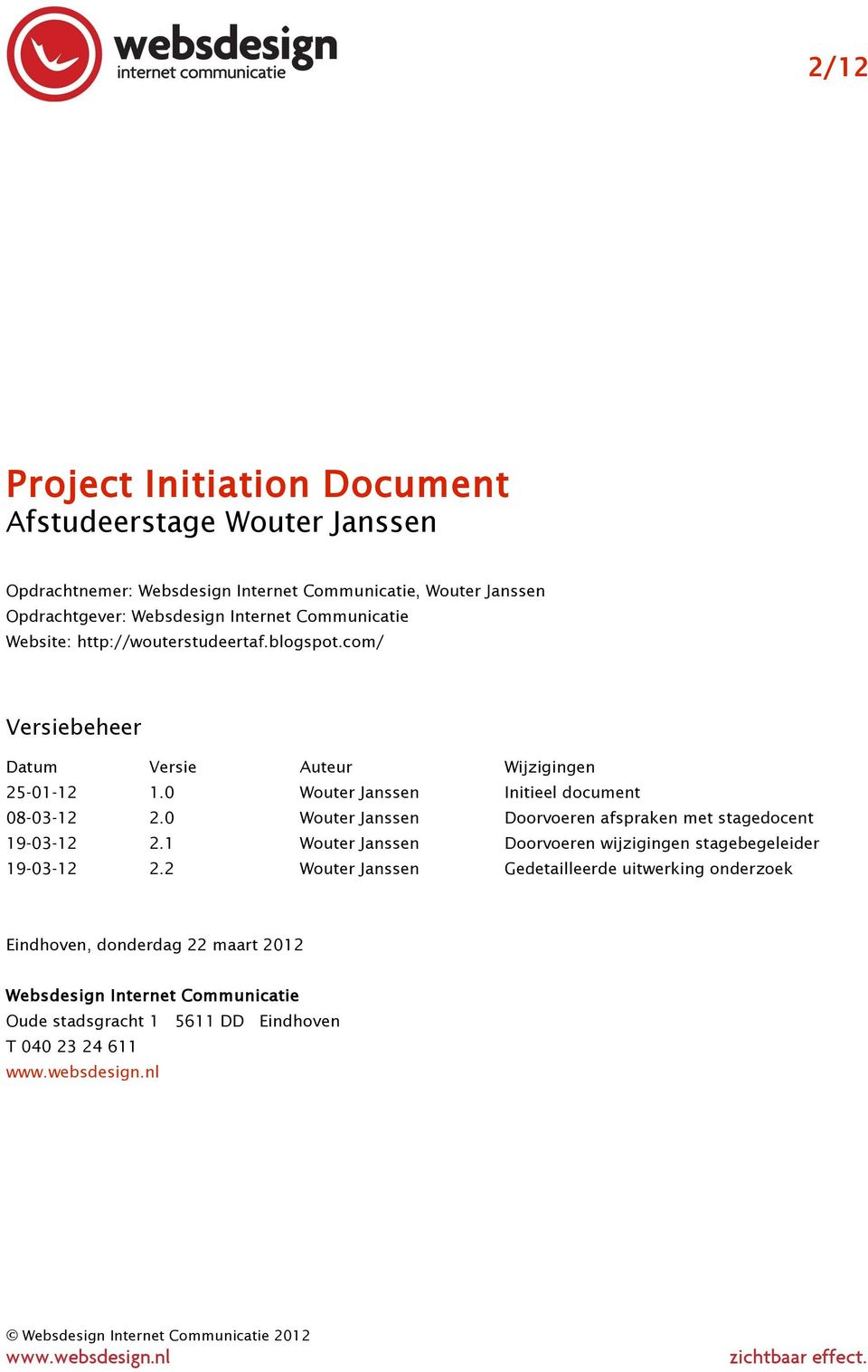 0 Wouter Janssen Doorvoeren afspraken met stagedocent 19-03-12 2.1 Wouter Janssen Doorvoeren wijzigingen stagebegeleider 19-03-12 2.