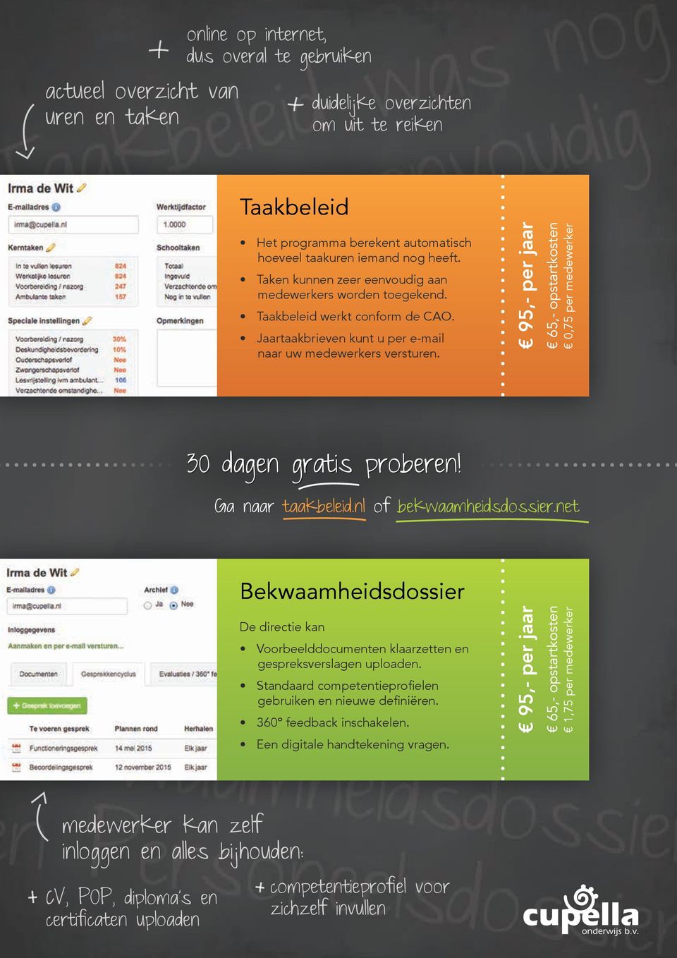 95,- per jaar 65,- opstartkosten 0,75 per medewerker 30 dagen gratis proberen! Ga naar taakbeleid.nl of bekwaamheidsdossier.