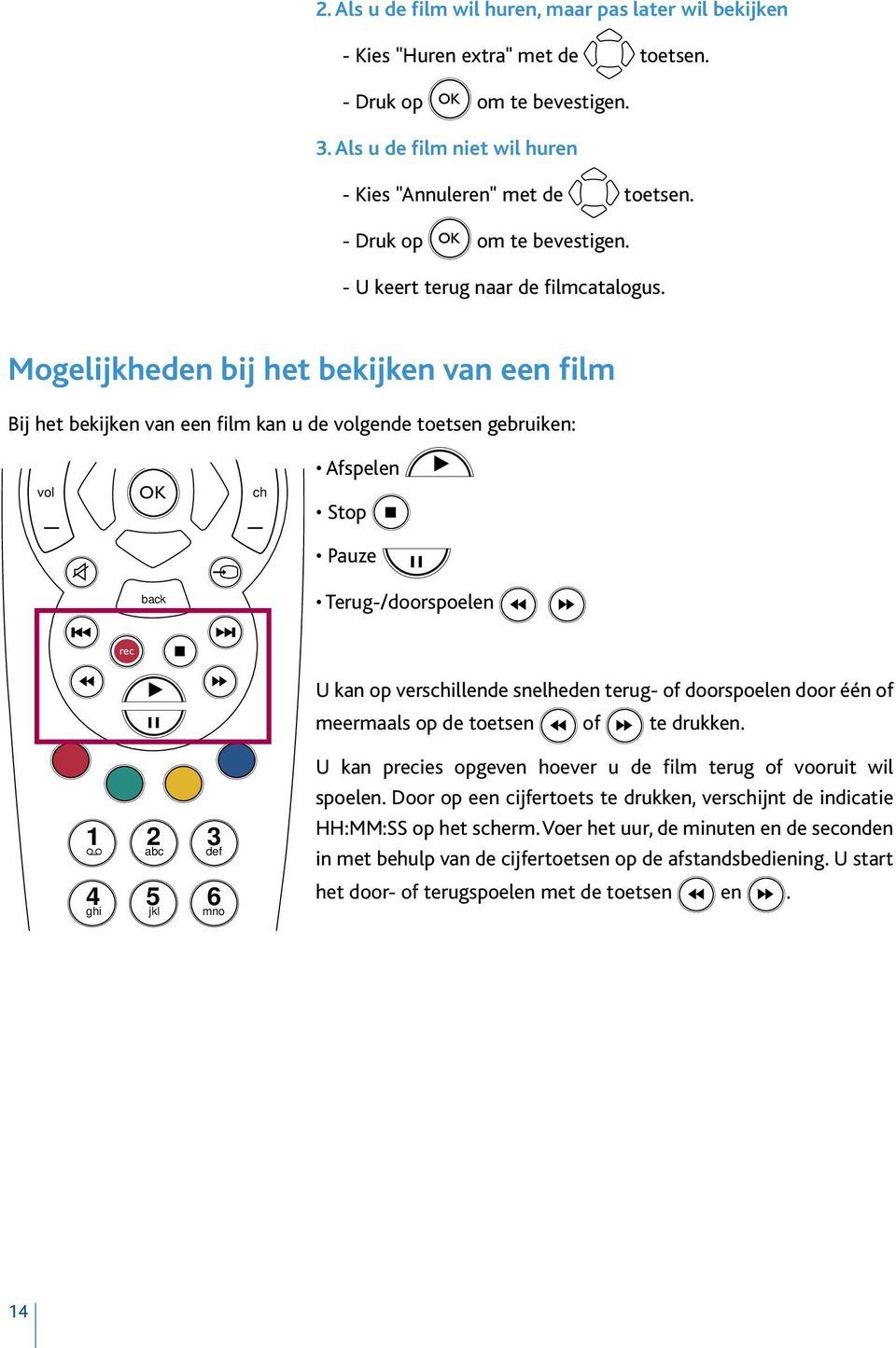 Mogelijkheden bij het bekijken van een film Bij het bekijken van een film kan u de volgende toetsen gebruiken: + + vol ch Afspelen Stop Pauze back Terug-/doorspoelen U kan op verschillende snelheden