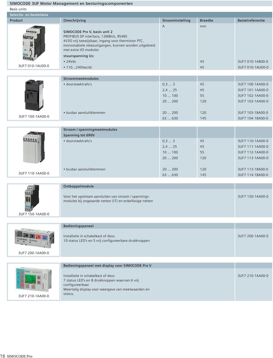 3UF7 010-1AU00-0 110...240Vac/dc 45 3UF7 010-1AU00-0 Stroommeetmodules doorsteektrafo's 0,3... 3 45 3UF7 100-1AA00-0 2,4... 25 45 3UF7 101-1AA00-0 10... 100 55 3UF7 102-1AA00-0 20.