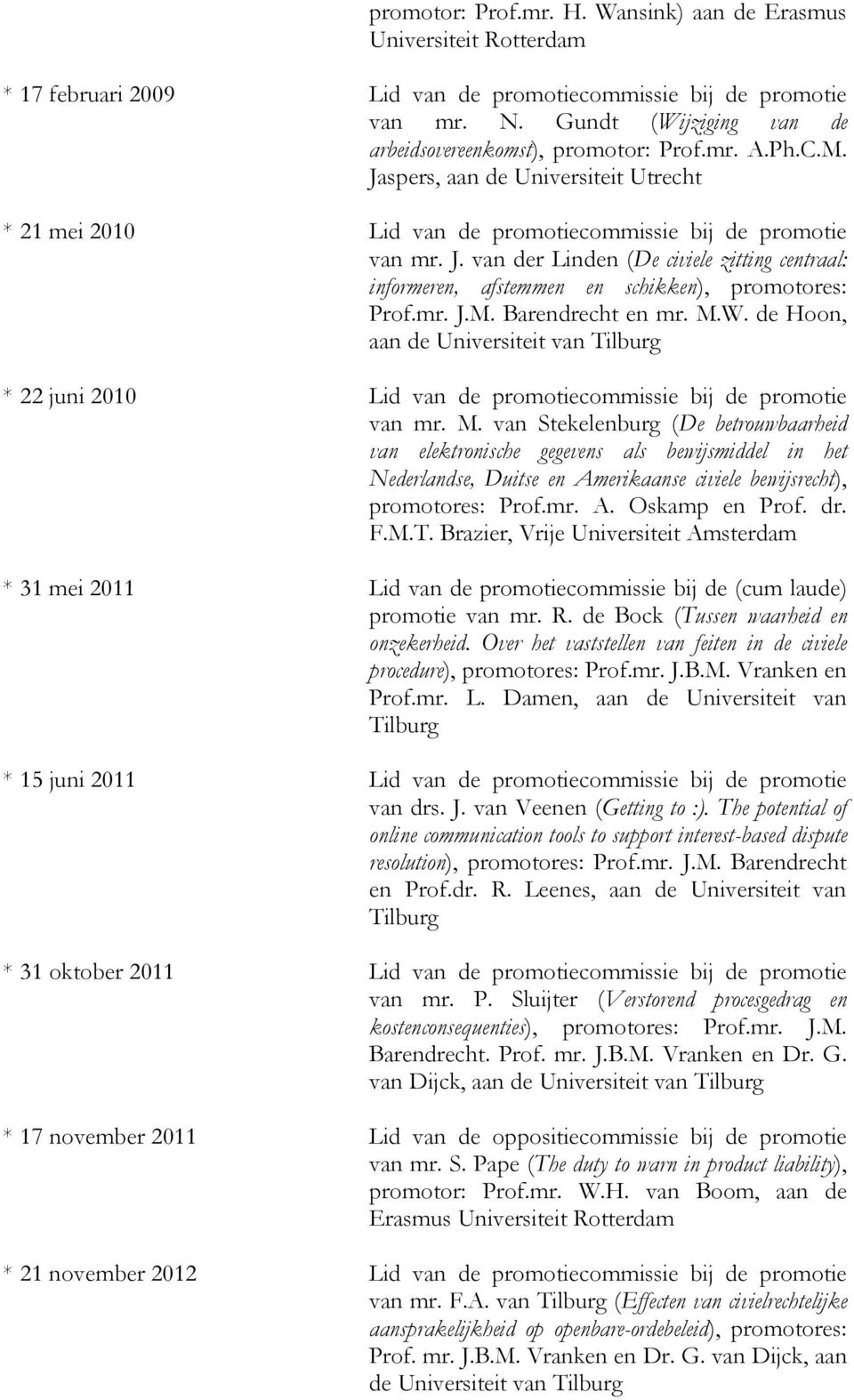 mr. J.M. Barendrecht en mr. M.W. de Hoon, aan de Universiteit van Tilburg * 22 juni 2010 Lid van de promotiecommissie bij de promotie van mr. M. van Stekelenburg (De betrouwbaarheid van elektronische gegevens als bewijsmiddel in het Nederlandse, Duitse en Amerikaanse civiele bewijsrecht), promotores: Prof.