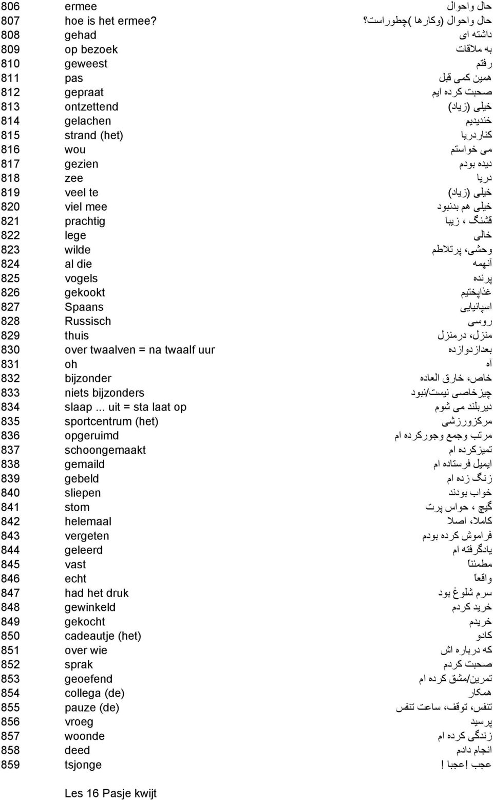 (het) strand کناردريا 816 wou می خواستم 817 gezien ديده بودم 818 zee دريا 819 veel te خيلی (زياد) 820 viel mee خيلی هم بدنبود 821 prachtig قشنگ زيبا 822 lege خالی 823 wilde وحشی پرتلاطم 824 al die ا