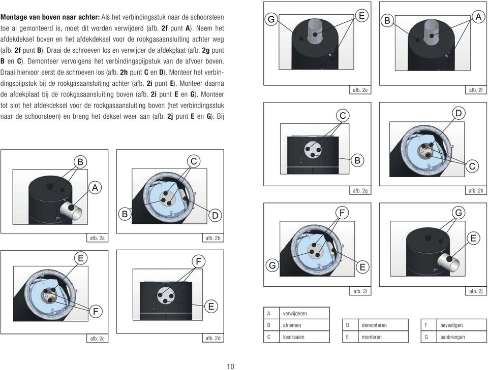 Demonteer vervolgens het verbindingspijpstuk van de afvoer boven. Draai hiervoor eerst de schroeven los (afb. 2h punt C en D). Monteer het verbindingspijpstuk bij de rookgasaansluiting achter (afb.
