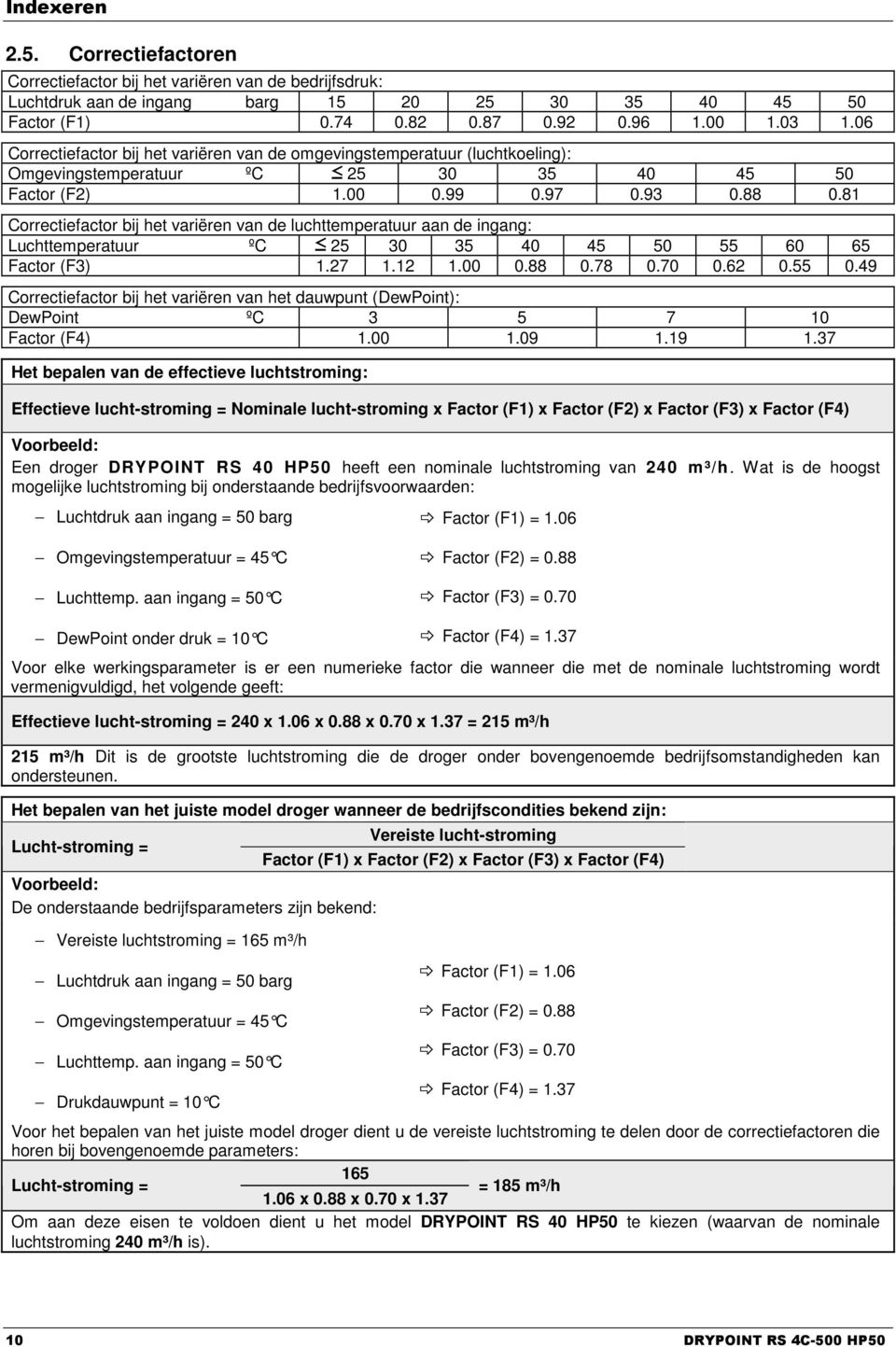 81 Correctiefactor bij het variëren van de luchttemperatuur aan de ingang: Luchttemperatuur ºC 25 0 5 40 45 50 55 60 65 Factor (F) 1.27 1.12 1.00 0.88 0.78 0.70 0.62 0.55 0.